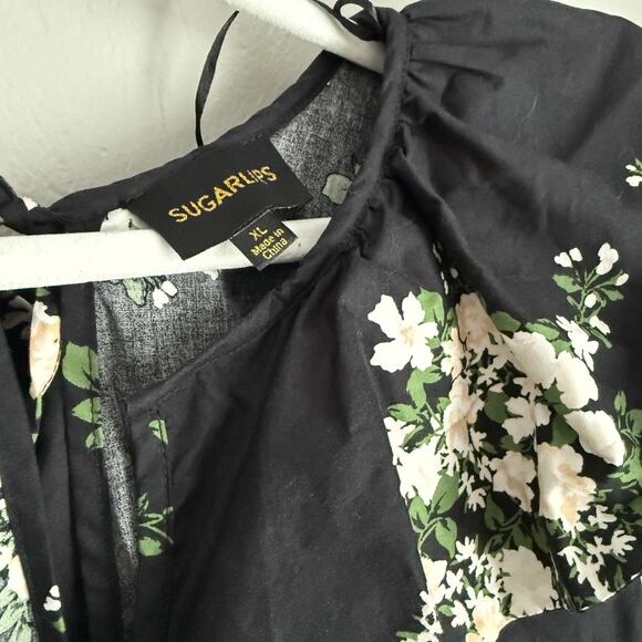 Sugarlips Floral Cotton Midi Dress Flutter Sleeve Black Size XL - Picture 5 of 9